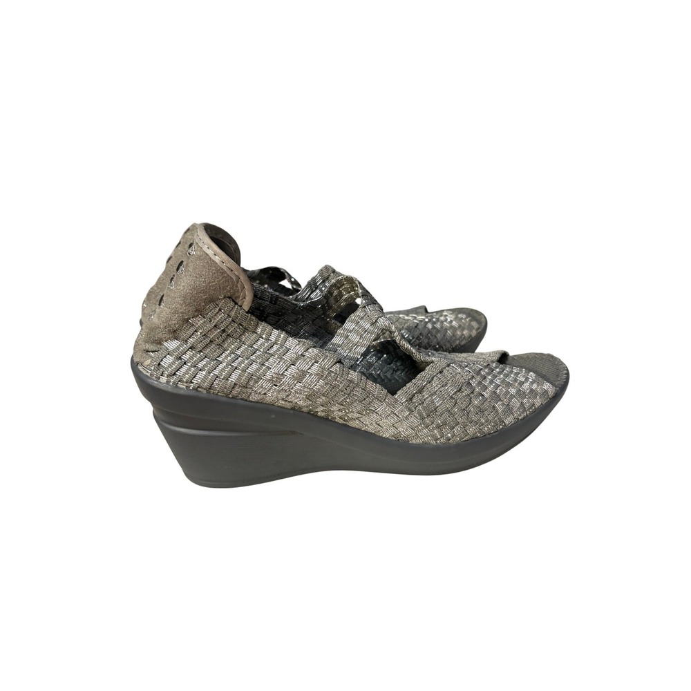 Bernie Mev Silver Metallic Woven Elastic Wedge Sandals Women Size 37 EU US 7